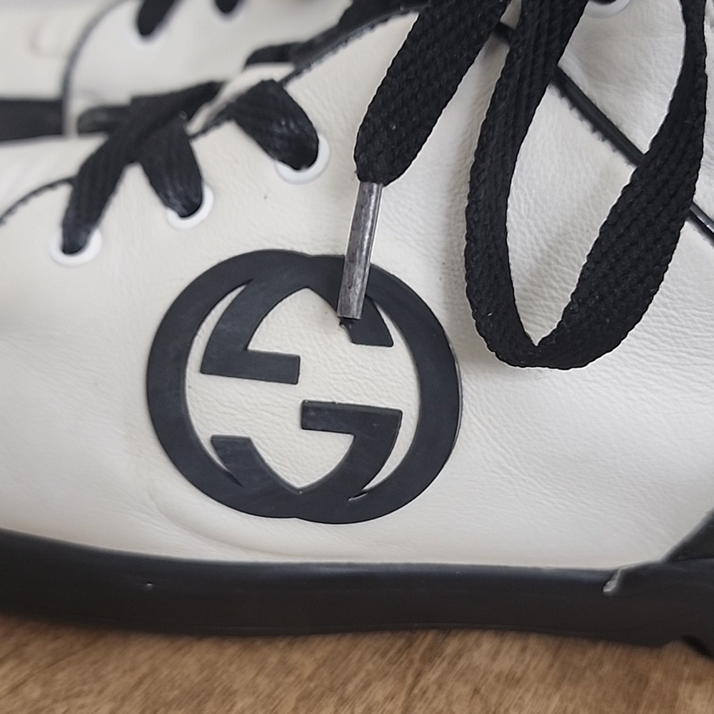 GUCCI Men's Black and White Leather GG Interlocking Logo High Top Sneakers Sz11 - Picture 5 of 14